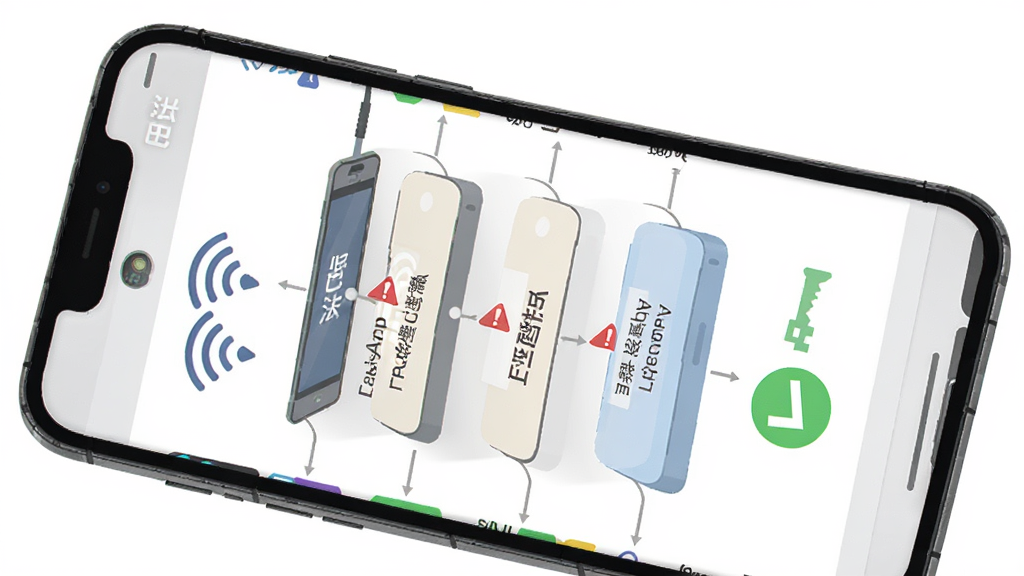 主体为巴法App问题排查流程图,布局为手机屏幕展示设备离线排查步骤,排版为纵向步骤条,风格为扁平化信息图,细节包含WiFi图标、密钥图标、主题名称、红色警示标记、绿色对勾,画质高清,画面干净,无多余元素,图片中打文字“巴法”