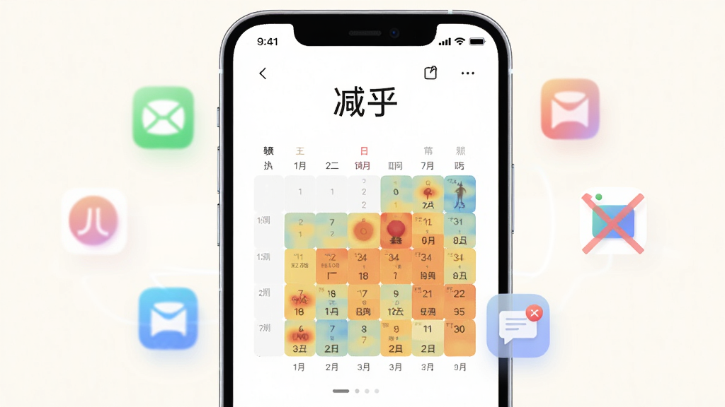 画面主体是一部手机,屏幕中央显示“减乎”的体重日历热力图,周围环绕着半透明的无广告图标和无弹窗提示符号,布局为手机特写居中,排版采用大留白,风格为清新明快的UI展示风,细节上手机边缘有微光,背景是柔和的米白色,画质1080P高清,干净无杂物。