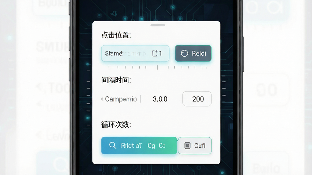 一张展示自动连点器点击器软件主界面的手机截图,画面中央是一个简洁的安卓手机屏幕,屏幕上显示着自动连点器点击器的操作面板,面板上有“点击位置”、“间隔时间”、“循环次数”等设置选项,背景为深色科技风格,布局清晰,排版整齐,风格为现代扁平化UI设计,细节包括按钮的微光效果和精准的数值刻度,画质高清,干净无多余元素。