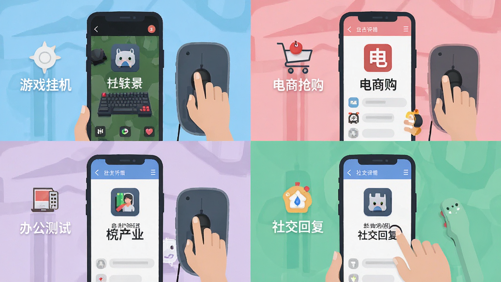 一张展示自动连点器点击器多场景应用的合成图,画面分为四个象限,分别展示游戏挂机、电商抢购、办公测试和社交回复四个场景的手机界面,布局为四宫格排列,风格为统一扁平化插画风,细节包括每个场景的图标和简短文字标签,画质高清,干净无多余元素。