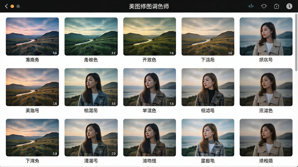 一张展示“美图修图调色师”滤镜选择界面的图片,画面中排列着多张不同色调的风景与人物缩略图,每张缩略图下方标注滤镜名称,布局整齐,风格清新明亮,细节丰富,画质高清,干净无多余元素