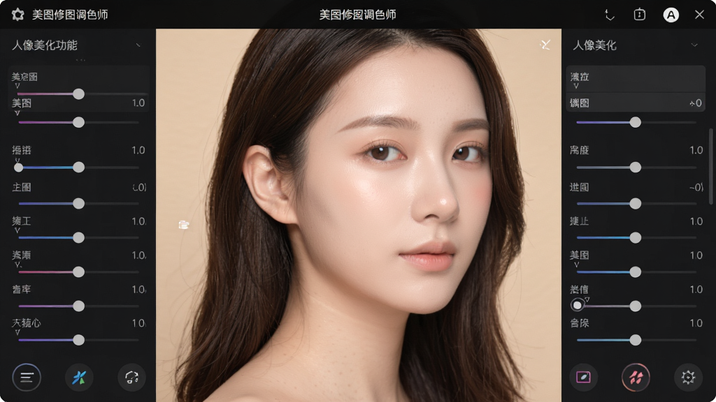 一张展示“美图修图调色师”人像美化功能的界面截图,画面中一位模特的肖像照正在进行磨皮与肤色调整,屏幕两侧显示美化参数滑杆,风格柔和自然,细节清晰,画质高清,干净无多余元素