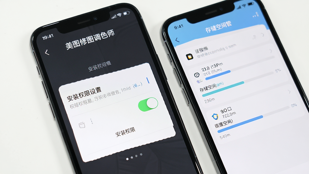 一部智能手机屏幕显示“美图修图调色师”的安装权限设置界面与存储空间管理页面,画面中有明确的开关按钮与进度条,风格简洁实用,细节清晰,画质高清,干净无多余元素
