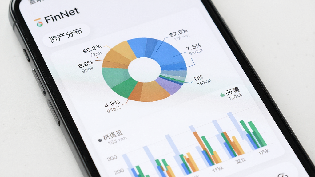 FinNet应用内资产总览页面特写,主体为手机屏幕显示饼状图与柱状图组合的资产分布界面,布局居中对称,风格现代扁平化,细节包含数字标签与百分比标注,画质高清,干净无多余元素