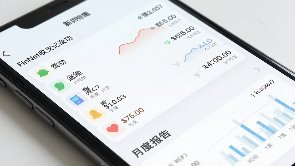 FinNet收支记录功能界面展示,主体为手机屏幕显示分类明细列表与月度报表,布局上下结构,风格清新浅色,细节包含彩色分类图标与金额数字,画质高清,干净无多余元素