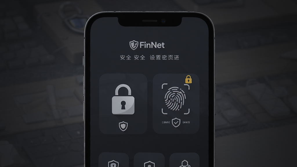 FinNet安全设置页面,主体为手机屏幕显示密码锁与指纹验证图标,布局居中,风格沉稳深色,细节包含盾牌图标与加密标识,画质高清,干净无多余元素