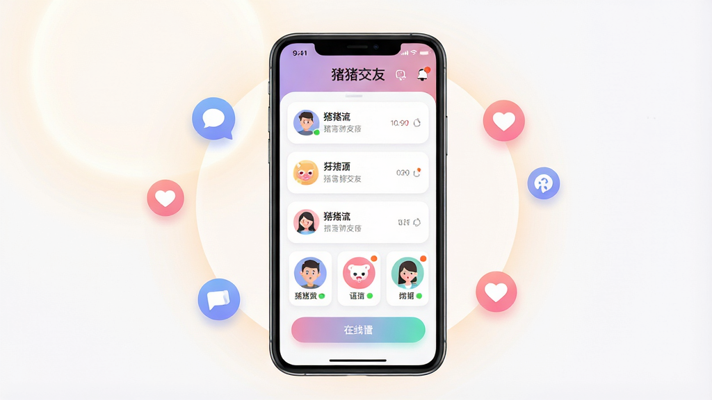 一张手机屏幕展示猪猪交友应用主界面的场景图,主体是一部竖屏智能手机,屏幕中央显示“猪猪交友”应用界面,包含语音房间列表和用户头像,布局为手机居中放置,周围环绕柔和光晕和社交图标元素,排版简洁清晰,风格为现代扁平化UI设计,细节包含圆角卡片、渐变按钮和在线状态小圆点,画质高清,画面干净,无多余元素