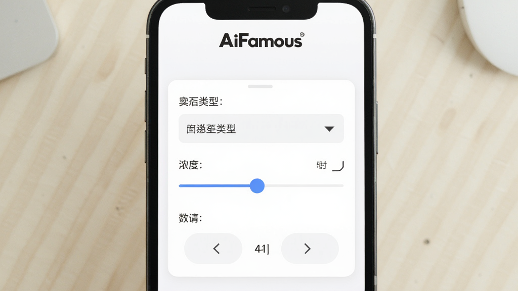 一张展示AiFamous打印设置界面的图片,手机屏幕中央是打印参数调节面板,包含纸张类型下拉菜单、浓度调节滑块和份数选择器,屏幕上方有AiFamous标识,背景是淡雅的浅色桌面,风格简洁实用,画质清晰,构图居中,干净无多余装饰