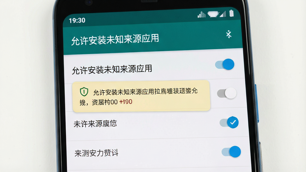 一张展示手机安全设置界面的场景图,主体为安卓手机设置菜单中的“允许安装未知来源应用”开关界面,布局为顶部标题栏和下方开关列表,排版清晰,风格为原生安卓设置UI,细节包含高亮提示框和盾牌安全图标,画质高清,画面干净,无多余元素