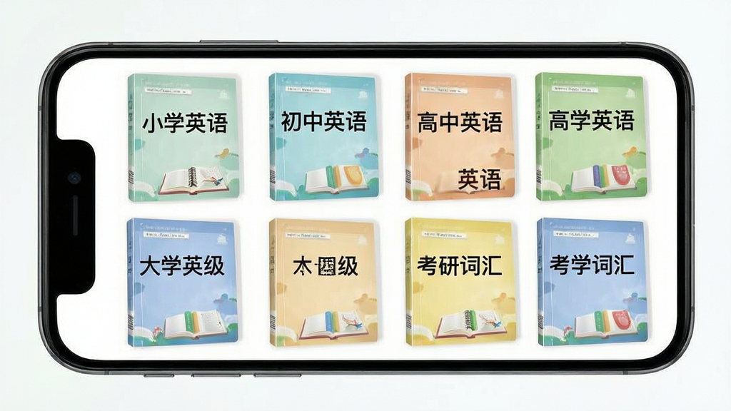 单词游乐园词汇分类界面展示图,画面主体为手机屏幕,屏幕内显示整齐排列的单词书封面,封面上分别写着小学英语、初中英语、高中英语、大学四级、考研词汇等字样,界面配色清新柔和,布局为网格状,排版规整,风格简约现代,画质清晰,干净无多余元素