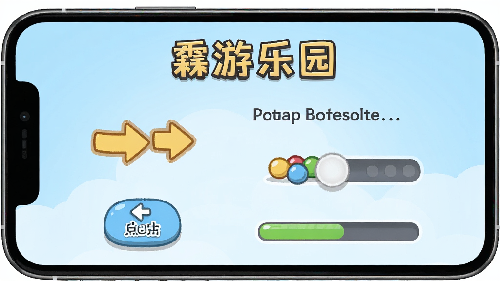 单词游乐园新手操作引导界面截图,画面主体为手机屏幕,屏幕上显示卡通风格的操作指引箭头和文字说明,背景为柔和的浅蓝色渐变,界面元素包括点击按钮、滑动条和进度条,整体风格简洁明快,布局清晰,排版直观,画质干净,无多余元素