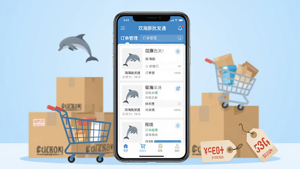 一张展示双海豚批发通软件核心全貌的图片,画面中央是一部智能手机,手机屏幕上显示双海豚批发通APP的商品列表与订单管理界面,周围环绕着批发商品纸箱、购物车、价格标签等元素,背景为浅蓝色渐变,整体布局简洁明了,风格为扁平化科技插画,细节清晰,画质高清,干净无多余元素,图片中带有文字“双海豚批发通”