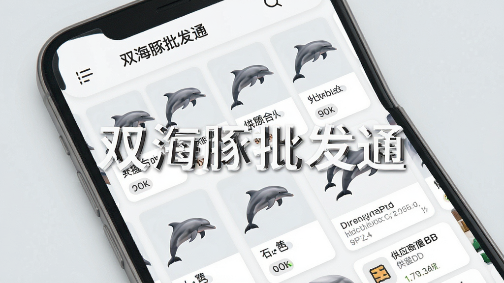 一张展示双海豚批发通海量货源功能的图片,画面为手机屏幕特写,屏幕上显示多个商品分类卡片和供应商列表,商品图片整齐排列,背景为浅灰色,布局清晰,风格为现代简约UI展示图,细节丰富,画质高清,干净无多余元素,图片中带有文字“双海豚批发通”