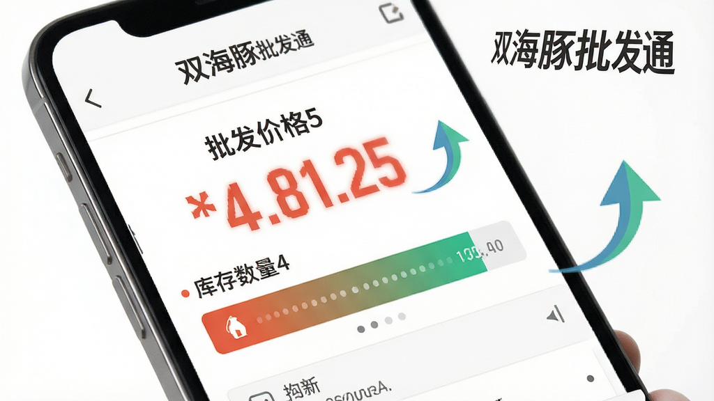 一张展示双海豚批发通价格与库存同步功能的图片,画面为手机屏幕显示商品详情页,页面中突出显示批发价格数字和库存数量条,旁边有动态更新的箭头图标,背景为白色,布局简洁,风格为扁平化信息图,细节清晰,画质高清,干净无多余元素,图片中带有文字“双海豚批发通”