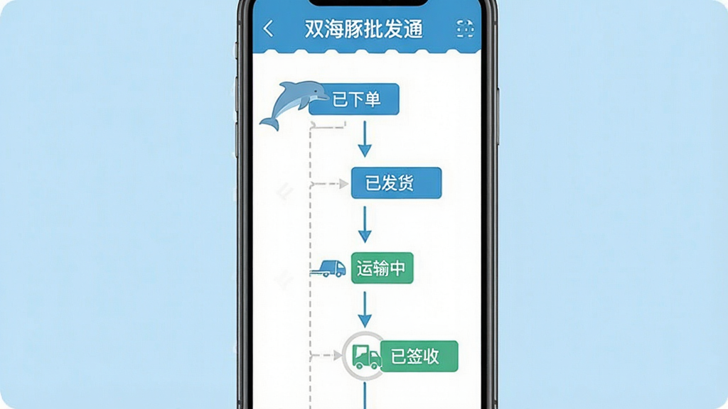 一张展示双海豚批发通订单跟踪功能的图片,画面为手机屏幕显示订单列表和物流跟踪时间轴,时间轴上标注“已下单”“已发货”“运输中”“已签收”等节点,背景为浅蓝色,布局纵向排列,风格为扁平化流程图,细节清晰,画质高清,干净无多余元素,图片中带有文字“双海豚批发通”