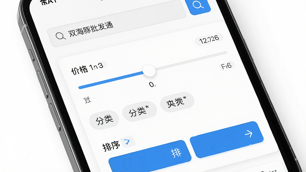 一张展示双海豚批发通商品筛选功能的图片,画面为手机屏幕显示搜索栏和筛选条件面板,面板中包含价格滑块、分类标签、排序按钮等交互元素,背景为白色,布局工整,风格为现代UI设计图,细节丰富,画质高清,干净无多余元素,图片中带有文字“双海豚批发通”