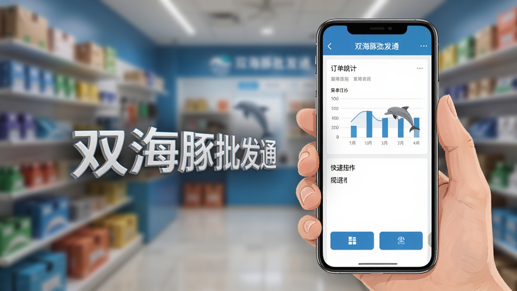 一张展示双海豚批发通移动端管理功能的图片,画面为一只手拿着手机,手机屏幕上显示双海豚批发通的管理后台界面,包含订单统计图表和快捷操作按钮,背景为模糊的店铺场景,布局突出手机屏幕,风格为实景合成插画,细节清晰,画质高清,干净无多余元素,图片中带有文字“双海豚批发通”