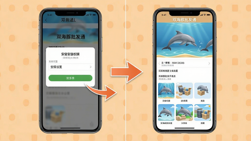 一张展示双海豚批发通新手使用场景的图片,画面为手机屏幕显示安装权限设置界面和软件主界面并排对比,旁边有箭头指示操作步骤,背景为浅橙色,布局为左右分栏,风格为教程示意图,细节清晰,画质高清,干净无多余元素,图片中带有文字“双海豚批发通”