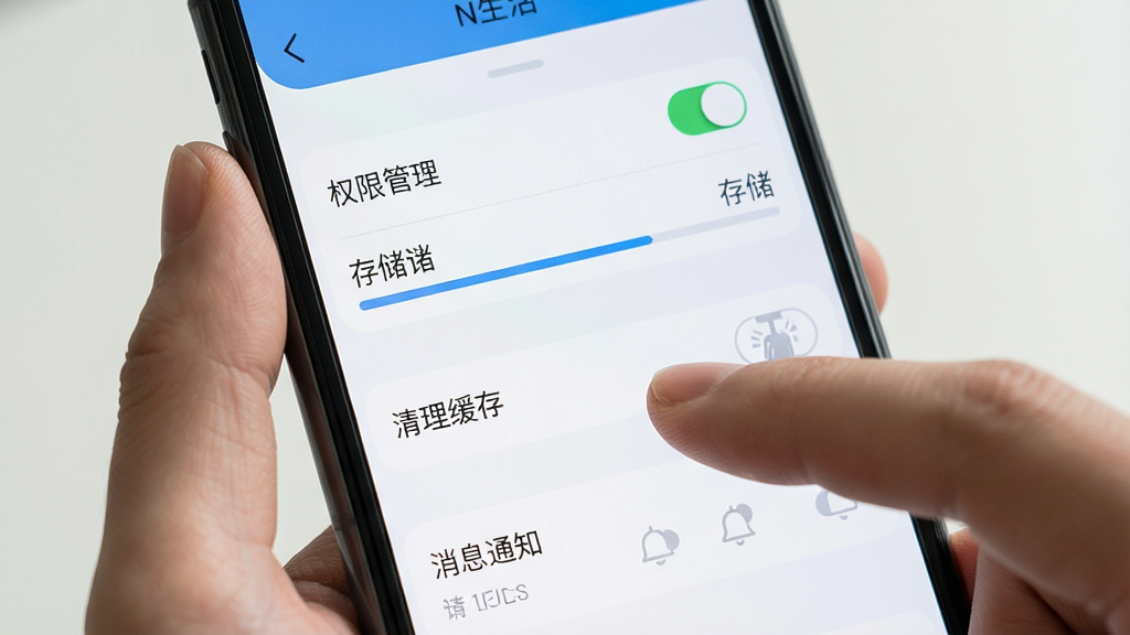 一张展示手机屏幕上下滑动操作N生活应用设置菜单的图片,主体为手指正在点击