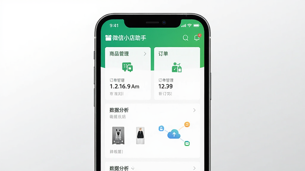 一张展示微信小店助手应用主界面的手机屏幕截图,画面中央是手机竖屏展示,屏幕上显示微信小店助手的店铺管理首页,包含商品管理、订单管理、数据分析等模块入口,背景为干净的浅灰色渐变,整体风格简洁商务,画质清晰,无多余元素