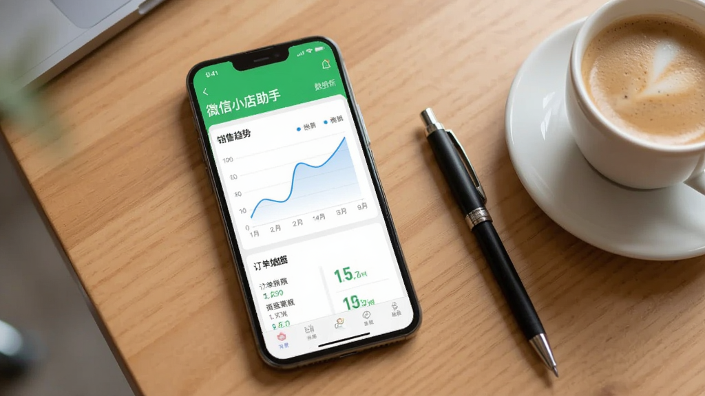 一部智能手机竖屏放置在木质桌面上,屏幕显示微信小店助手的数据分析页面,图表清晰展示销售趋势曲线和订单统计数据,画面右侧有一支笔和一杯咖啡,整体氛围轻松商务,光线柔和,画质干净,无多余元素