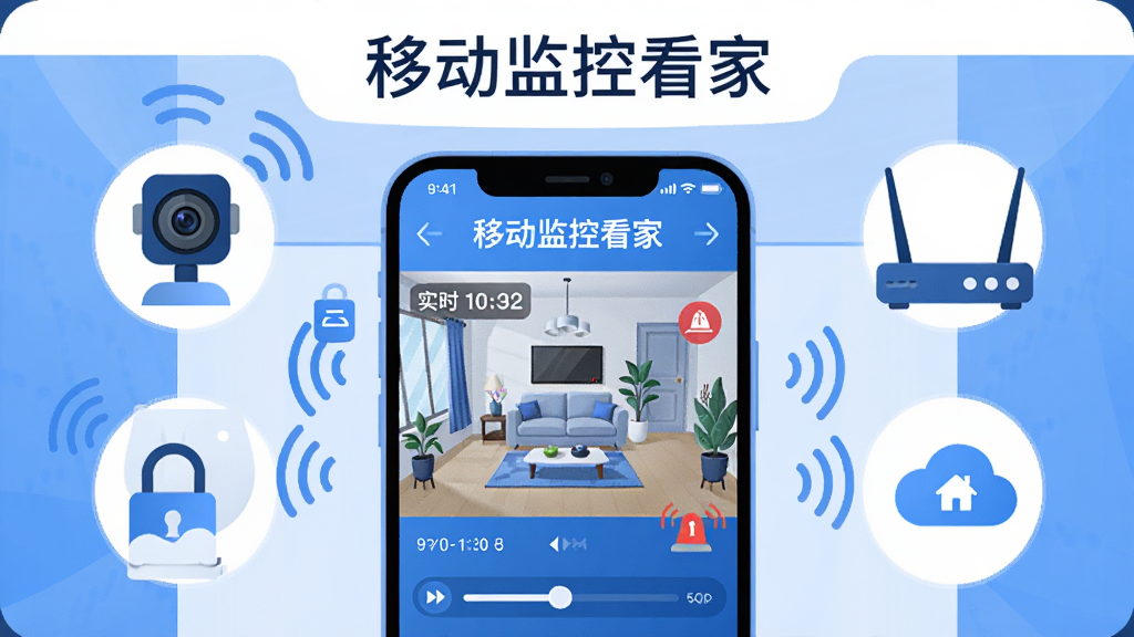 画面中央放置一部智能手机,手机屏幕显示「移动监控看家」的监控画面界面,画面中有客厅摄像头视角、实时时间、报警图标等元素;手机周围环绕摄像头、路由器、云存储图标等设备;整体布局采用居中对称构图,上方留白放置软件名称文字;风格为科技感扁平插画,色调以蓝色和白色为主,细节包括信号波纹、锁形安全图标、回放时间轴;画质清晰,干净,无多余元素