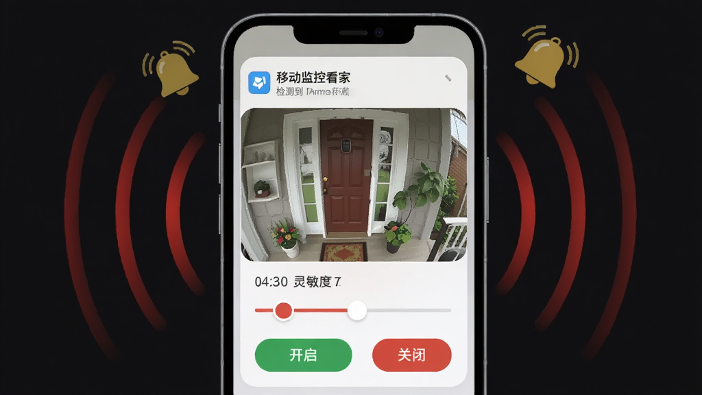 手机屏幕弹出通知横幅,横幅上显示「移动监控看家」检测到移动,下方是摄像头拍摄到的门口画面;手机周围有红色警示波纹和铃铛图标;布局为手机居中,背景深色;风格为安全警示类插画;细节包括时间、灵敏度滑块、开启/关闭按钮;画质清晰,干净,无多余元素