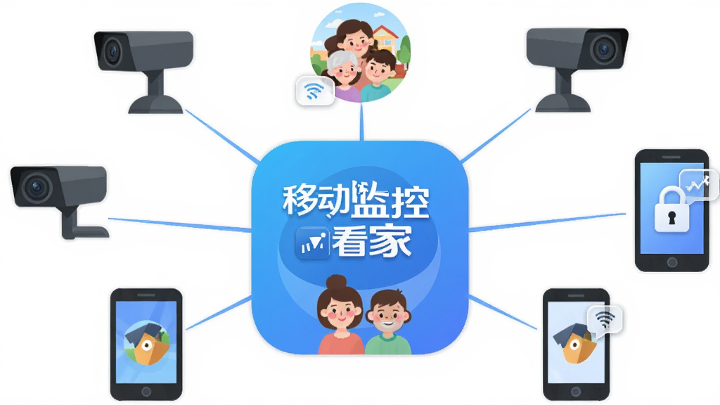 画面展示一个家庭群组图标,周围连接着多个摄像头图标和手机图标,中心是「移动监控看家」标识;布局为放射状连接图;风格为清新扁平插画;细节包括家庭成员头像、共享链接图标、锁形权限图标;画质清晰,干净,无多余元素