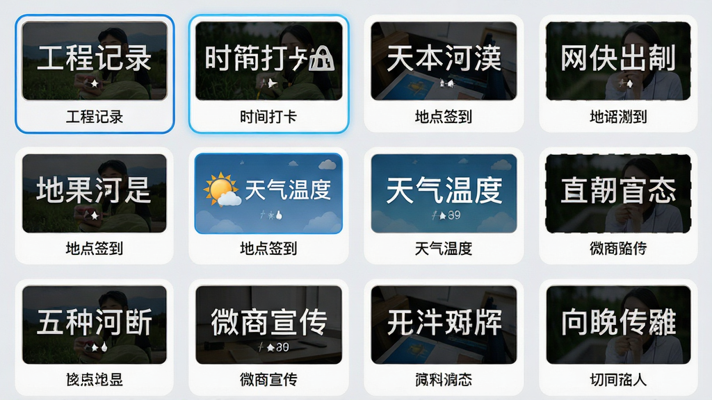 ����ˮӡ���ˮӡģ��ѡ����棬����չʾ�ֻ���Ļ�������Ŷ�ͬ��ʽ��ˮӡģ������ͼ���������̼�¼��ʱ��򿨡��ص�ǩ���������¶ȡ�΢�����������ͣ�ÿ��ģ�嶼����ʾ��ͼƬ������˵��������������񲼾֣�����Ϊǳ��ɫ�����Ϊ���¼����ƶ�Ӧ����ƣ�ϸ����ģ������ͼ�����ɼ�ˮӡ������ͼ�꣬ѡ��״̬�и����߿򣬻���Ϊ����UIչʾͼ������ɾ������޶���Ԫ��