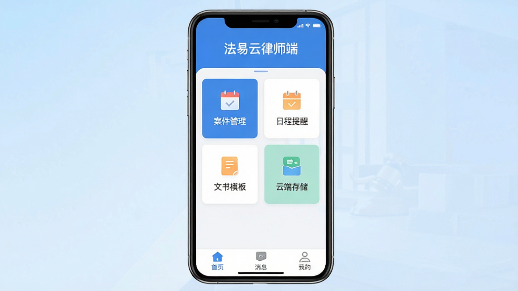 法易云律师端软件主界面全貌展示,画面中央一部智能手机竖屏显示应用首页,顶部有