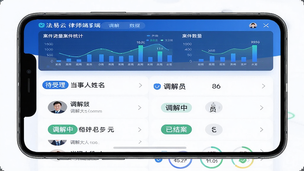 法易云律师端调解进度看板界面,手机屏幕显示调解案件状态列表,包含待受理、调解中、已结案等状态标签,每个案件显示当事人姓名和调解员信息,顶部有统计图表显示案件数量,界面配色为蓝白相间,风格数据可视化,细节清晰,画质干净,无多余元素