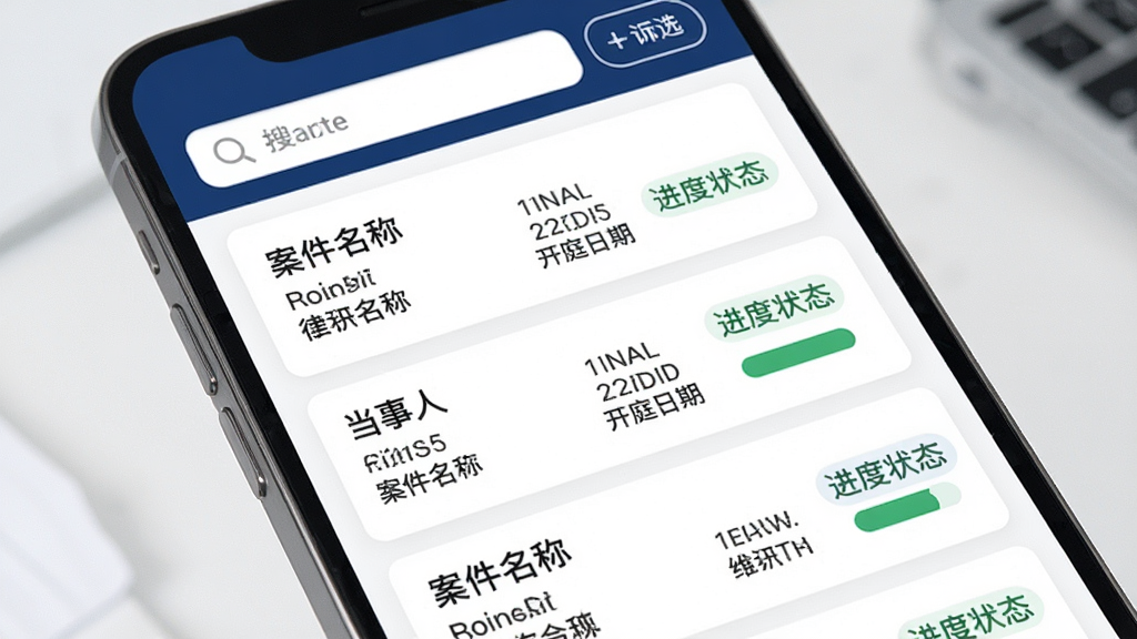 法易云律师端案件管理界面特写,手机屏幕显示案件列表,每个案件卡片包含案件名称、当事人、开庭日期、进度状态标签,顶部有搜索框和筛选按钮,界面配色以白色和深蓝色为主,文字清晰,布局规整,风格专业商务,画质干净,无多余元素