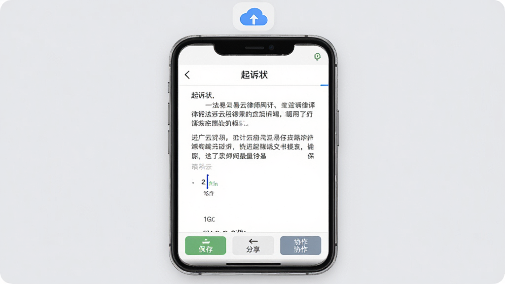 法易云律师端文书编辑界面展示,手机屏幕显示一份起诉状模板正在编辑中,顶部有