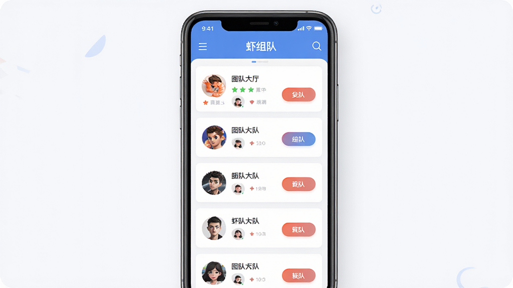 一张展示虾组队软件主界面的图片,主体为手机屏幕中显示组队大厅列表,布局为居中手机展示,排版清晰简洁,风格为现代扁平化设计,细节包括队伍卡片、头像、组队按钮,画质高清,干净无多余元素,图片中文字需包含