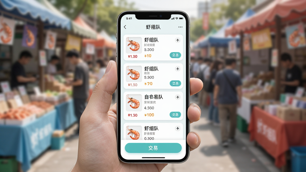 一张展示虾组队自由交易市场的图片,主体为手机屏幕中显示交易列表与商品详情,布局为手机居中展示,排版整齐,风格为清新浅色设计,细节包括商品卡片、价格标签、交易按钮,画质高清,干净无多余元素,图片中文字需包含