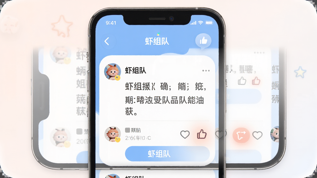 一张展示虾组队动态社区界面的图片,主体为手机屏幕中显示动态信息流与互动按钮,布局为手机居中展示,排版活泼,风格为柔和圆角设计,细节包括用户头像、动态文字、点赞图标,画质高清,干净无多余元素,图片中文字需包含