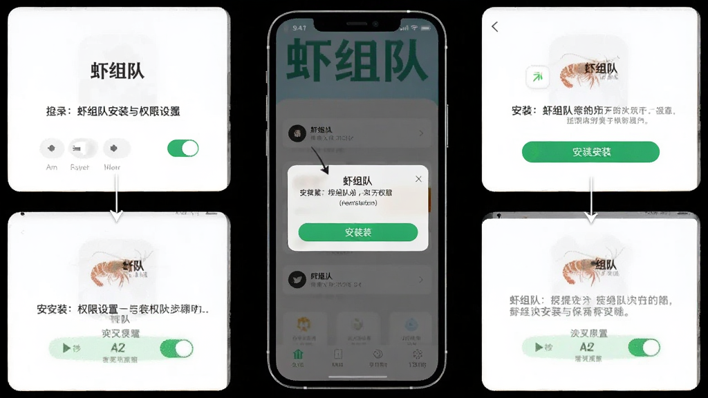 一张展示虾组队安装与权限设置步骤的图片,主体为手机屏幕中显示权限弹窗与设置界面,布局为手机居中展示,排版分步清晰,风格为简约教程风格,细节包括权限开关、安装按钮、提示文字,画质高清,干净无多余元素,图片中文字需包含