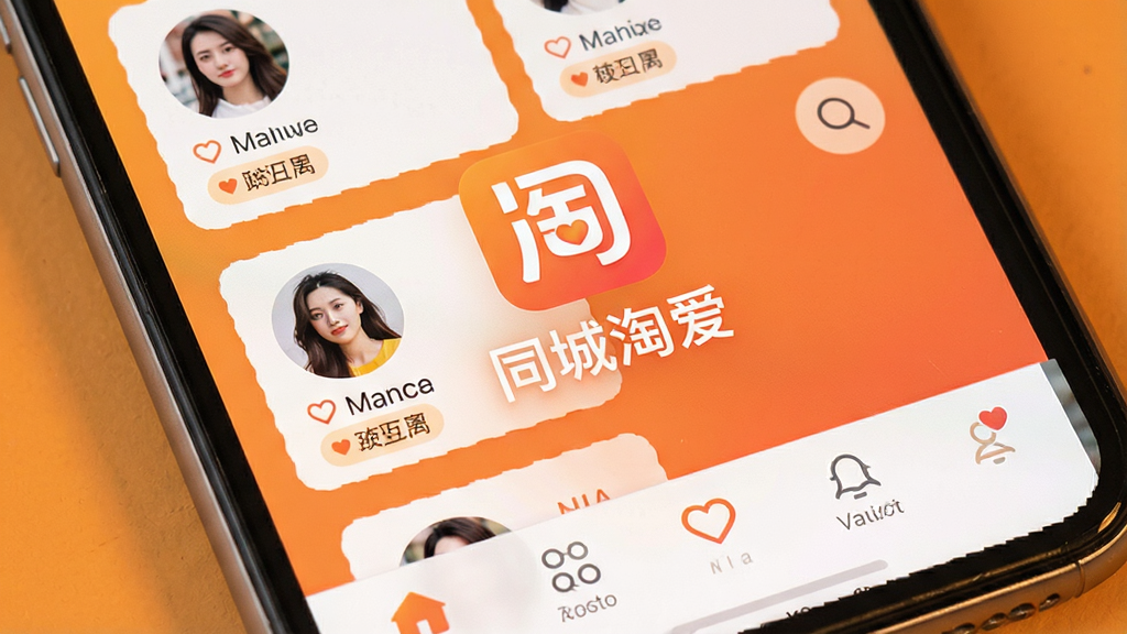 一张手机屏幕展示同城淘爱应用主界面,画面中央是软件Logo和名称“同城淘爱”,背景为温暖橙色调,界面显示附近用户头像卡片和距离标签,布局简洁清晰,风格现代社交应用,细节包括底部导航栏和搜索图标,画质高清,干净,无多余元素
