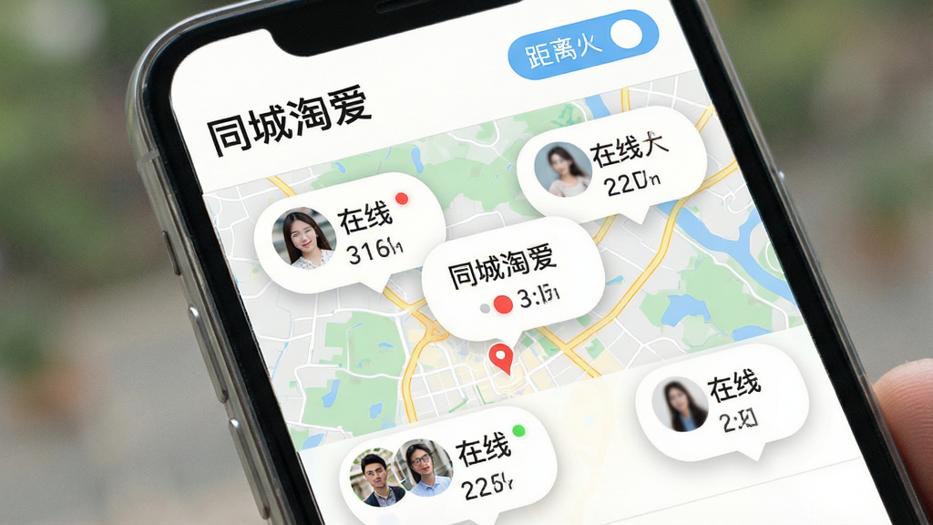 手机界面展示同城淘爱附近的人列表,地图背景上分布多个用户头像气泡,顶部显示“同城淘爱”字样和距离筛选按钮,风格清新明快,布局突出地理位置匹配功能,细节有距离数值和在线状态圆点,画质高清,干净,无多余元素