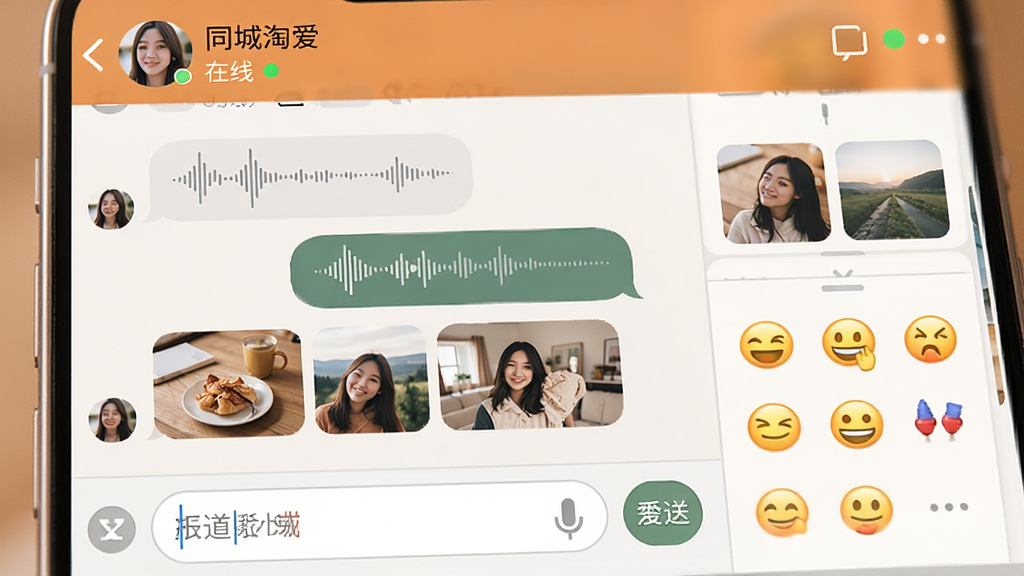 同城淘爱聊天界面特写,显示对话气泡、语音消息波形、图片缩略图和表情面板,顶部有对方昵称和在线状态,风格温暖社交风,布局清晰易读,细节包括输入框和发送按钮,画质高清,干净,无多余元素