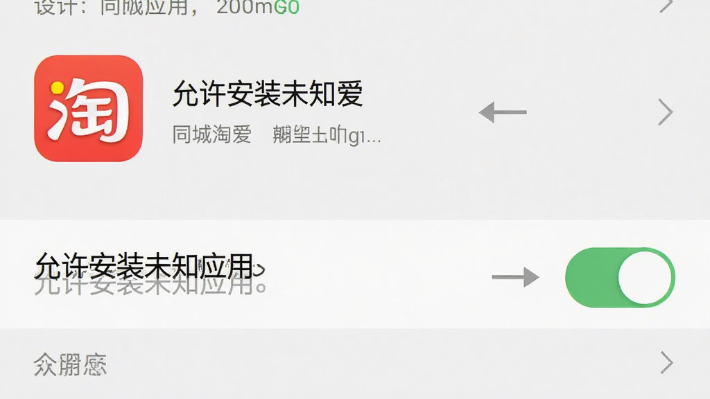 同城淘爱安卓手机安装权限设置界面示意图,画面展示设置菜单中“允许安装未知应用”开关处于开启状态,旁边有同城淘爱图标,风格简洁教程风,布局清晰,细节包括设置项文字和箭头指示,画质高清,干净,无多余元素