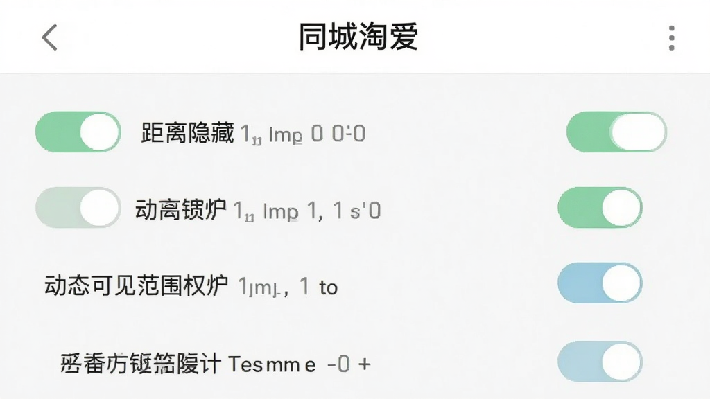 同城淘爱隐私设置页面截图,显示多个开关按钮和权限选项,界面以浅色为主,顶部有“同城淘爱”标题,风格简洁安全,布局规整,细节包括距离隐藏、动态可见范围等选项,画质高清,干净,无多余元素