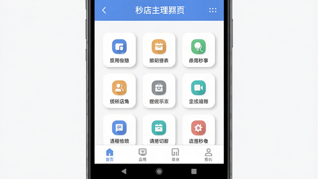 秒店应用主界面展示,主体为一部安卓手机屏幕,屏幕内显示秒店店铺管理首页,布局包含顶部店铺名称栏、中部功能图标九宫格、底部导航栏,排版居中对称,风格为简洁扁平化商务风,细节包含图标圆角、柔和阴影、浅色背景,画质高清,干净,无多余元素