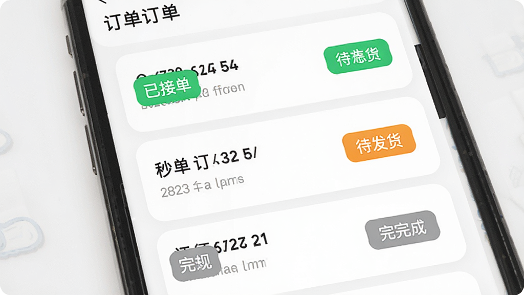 秒店订单管理界面,主体为手机屏幕显示订单列表与状态标签,布局为纵向排列的订单卡片,排版清晰,风格为柔和圆角卡片风,细节包含绿色已接单标签、橙色待发货标签、灰色已完成标签,画质高清,干净,无多余元素