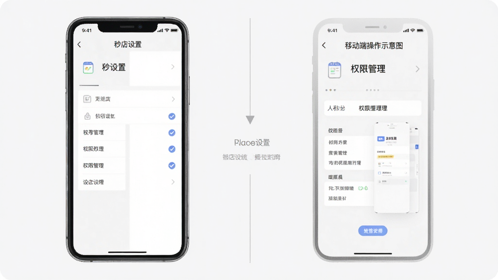 秒店移动端操作示意图,主体为手机屏幕显示秒店设置页面与权限管理界面,布局为左右分栏展示两个操作步骤,排版简洁明了,风格为素雅极简风,细节包含勾选标记、箭头引导、浅灰色分割线,画质高清,干净,无多余元素