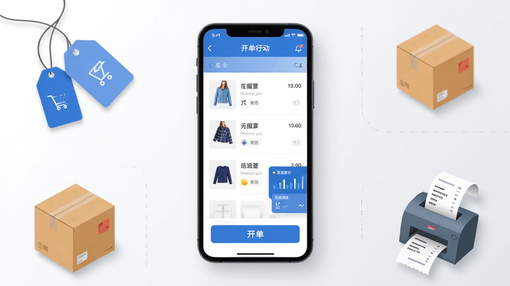 整体画面以手机界面为主体,居中展示一款蓝色调服装开单软件的操作界面,界面中包含商品列表、开单按钮与数据统计卡片,背景为干净的浅灰白色渐变,四周点缀衣物吊牌、纸箱与小票打印机等电商元素,布局采用中心对称构图,风格为现代扁平化商务插画,细节处体现清晰的图标与柔和的投影,画质高清,画面干净,无多余元素