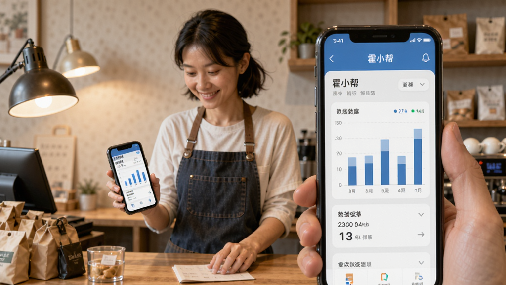 主体为一位店主在柜台前用手机查看店铺数据,手机屏幕显示“霍小帮”的报表页面,布局为人物半身加手机特写,风格为写实生活照,细节包括柜台上的商品、暖色灯光、手机界面的柱状图,画质清晰,干净,无多余元素