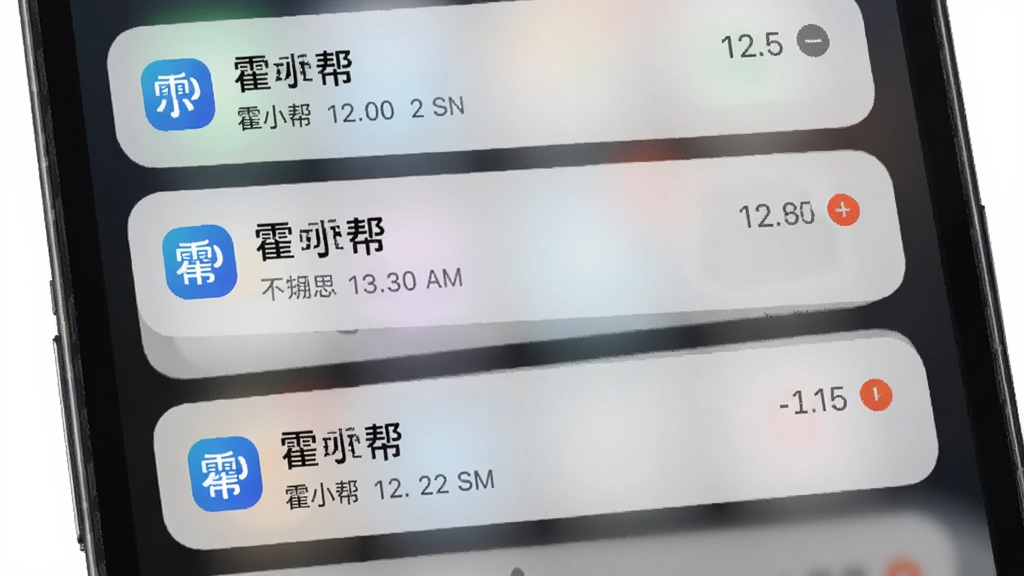 主体为手机通知中心界面,多条通知卡片上带有“霍小帮”字样,布局为纵向列表,风格为清爽卡片风,细节包括通知图标、时间戳、未读圆点,画质清晰,干净,无多余元素
