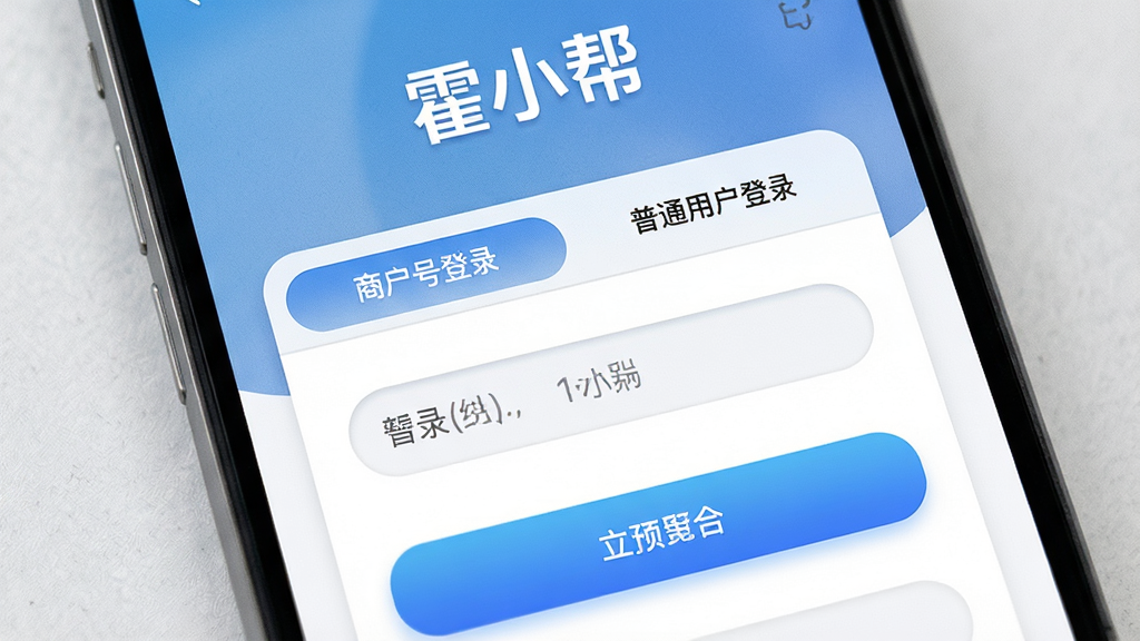 主体为手机登录界面特写,屏幕上方显示“霍小帮”文字标识,下方有商户号登录和普通用户登录两个选项卡,布局为竖向卡片式,风格为简约UI设计,细节包括输入框的圆角、按钮的渐变蓝色、背景的细微纹理,画质清晰,干净,无多余元素