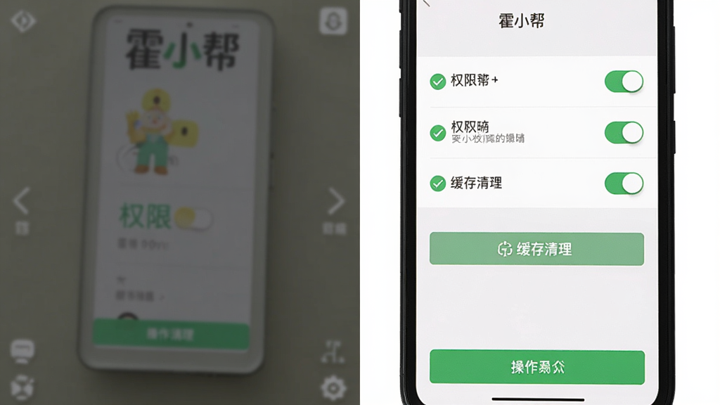 主体为手机屏幕显示“霍小帮”设置界面,界面中包含权限开关和缓存清理按钮,布局为竖向列表,风格为扁平化设置页,细节包括绿色对勾图标、灰色分割线、底部操作按钮,画质清晰,干净,无多余元素